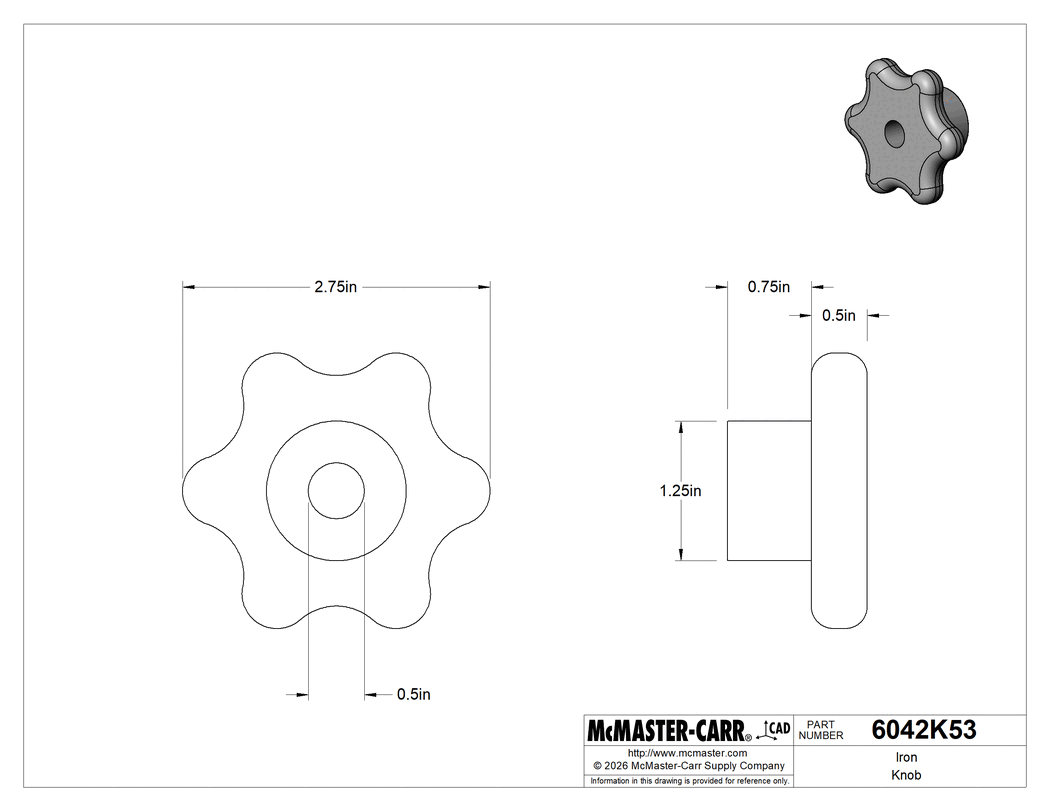Technical Drawing of Iron Knob, Six Arm Grip, 1/2" Unthreaded Through Hole, 1-1/4" Deep.